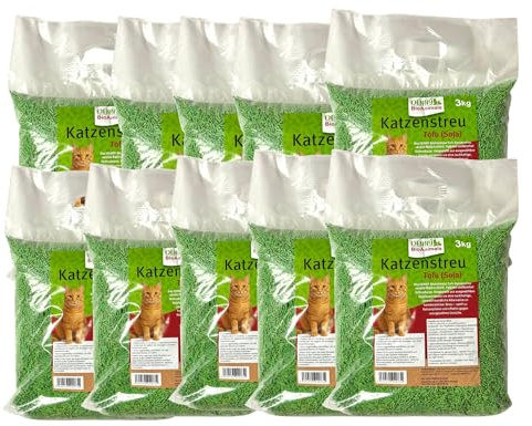 Tofu Katzenstreu 30 kg (10 Säcke je 3 kg), 80 L– 100% natürlich & biologisch abbaubar – Ultra saugstark, klumpend, staubfrei & geruchsneutral – nachhaltige Katzenstreu aus Pflanzenfasern (30 kg)