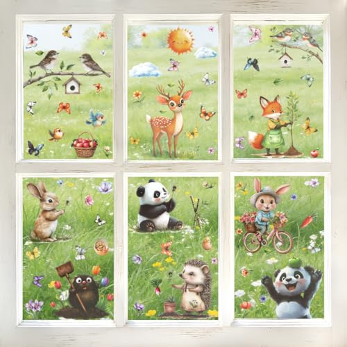 9 Stück Fensterbilder Frühling Deko, Bunt Oster Fensteraufkleber Selbstklebende Hasen Schmetterlinge, Frühlingsbild Fenstersticker Wiederverwendbar Fensterdeko für Frühling Osterdeko Glas Kinderzimmer