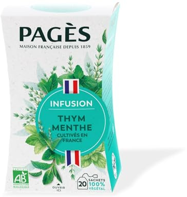Pagès - Infusion BIO Thym Menthe - cultivés en France - Boîte de 20 Sachets, 100% Végétal