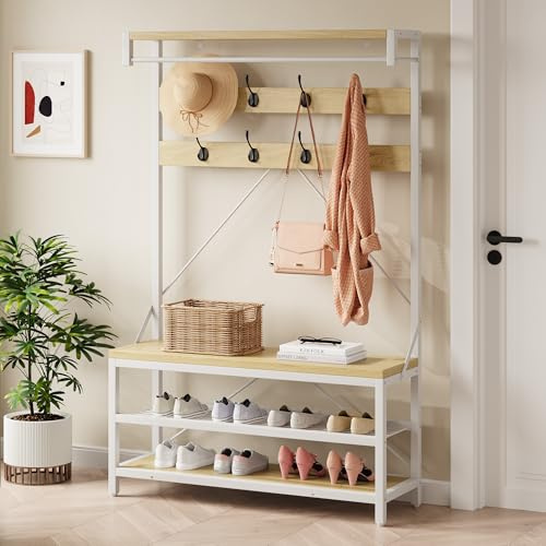 Garvee 4 en 1 PorteManteau Vestiaire à Chaussures Meuble D’Entrée Avec Banc | Porte Manteau Et Chaussures Couloir Avec 8 Crochets Banc Fonctionnelle Chambre Industriel Intemporel Costaud 102 x 40 x 183cm