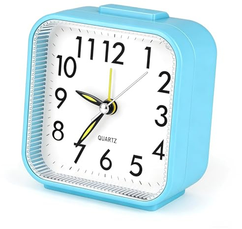 Xiangbhalla Silent Analog Alarm Clock, Non-Ticking Bedside Clock with Snooze and Night Light, Battery Operated Compact Travel Alarm Clock, Ascending Beep for Light Sleepers, Blue