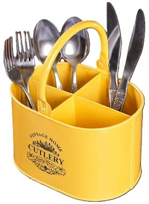 Nobel Vintage Cutlery Holder with Handle, 4-Section Utensil Organiser, Food-Safe Metal, (Yellow)