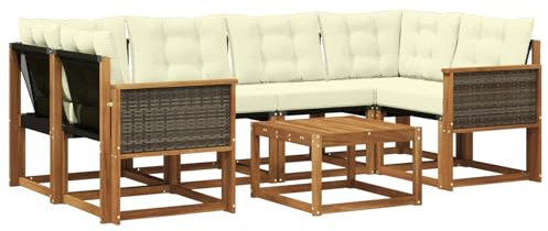 vidaXL Outdoor-Sofagarnitur mit Kissen 7 pcs Natur und Creme, Moderne Garten-Sofa-Garnitur, Robustes Akazienholz, Bequeme Terrasse, stilvolle Couch zum Entspannen