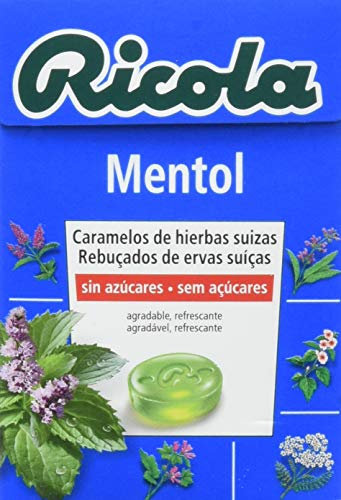 Ricola - Mentol, Caramelos Duros Sin Azúcar, Refresca, Alivia la Garganta y la Respiración, 13 Hierbas Suizas y Aceite Esencial de Eucalipto, con Edulcorantes - Caja 50 g