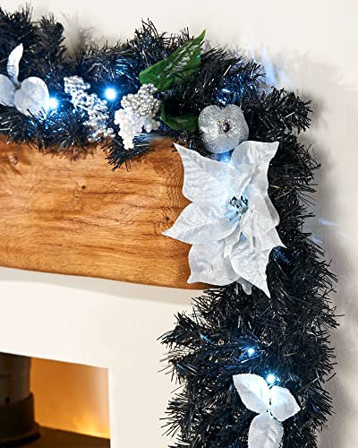 WeRChristmas Decorated Pre-Lit Multi-Function Garland with 40 Cool White LED Lights, Black/Silver, 9 feet