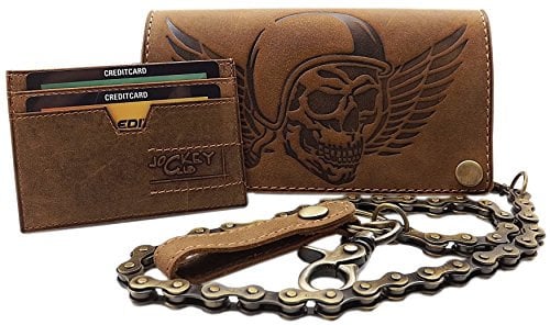 myledershop Echt Büffel-Vollleder Querformat Bikerbörse/Geldbörse/Geldbeutel/Portemonnaie mit Metallkette und Totenkopf-Motiv mit herausnehmbarem Kartenetui mit RFID & NFC Schutz (Braun)