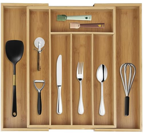 simpdecor Bamboo Drawer Organizer Expandable Cutlery Tray Adjustable Utensils Holder 5-7 Compartments Wood Drawer Dividers Organizer for Storing Silverware, Flatware, Knives
