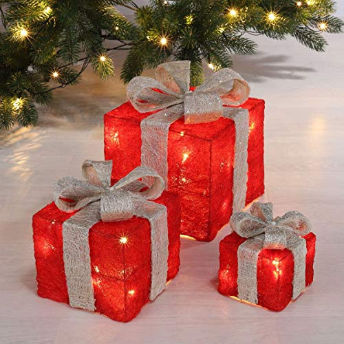 3er-Set LED Deko Geschenke Geschenkboxen für Weihnachten, rot/grau | Weihnachtsdeko Weihnachtsdekoration Dekoration Geschenk Weihnachten beleuchtet