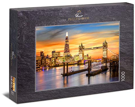 Ulmer Puzzleschmiede - Puzzle „London Centuries“ - Klassisches 1000 Teile Puzzle – Das abendliche London als Puzzlemotiv zwischen Geschichte und Gegenwart - zwischen Tower Bridge und The Shard