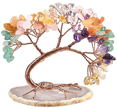 Nupuyai 7.6cm Chakras Pierres Naturelles Arbre d'argent sur Base de Tranches d'agate, Arbre de Vie Reiki Feng Shui Cristal Cadeau de Mariage et Décor de Bureau à Domicile pour la Bonne Chance