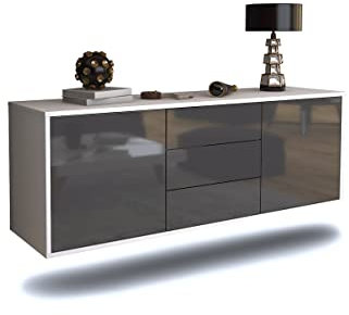 TV Schrank Lowboard hängend - Remscheid - Korpus Weiss matt - Front Hochglanz Design Grau- (136x47x35cm) - Push to Open Technik & hochwertigen Leichtlaufschienen - Made in Germany