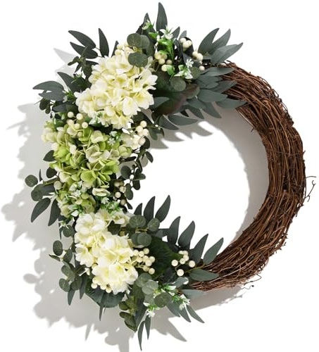 Summer Fall Flower Wreath for Front Door 20 Inch Hydrangea Door Wreath | with White Berries Spring Eucalyptus Wreaths for Front Door Outside All Season, Farmhouse, Indoor Outdoor Wall Decor