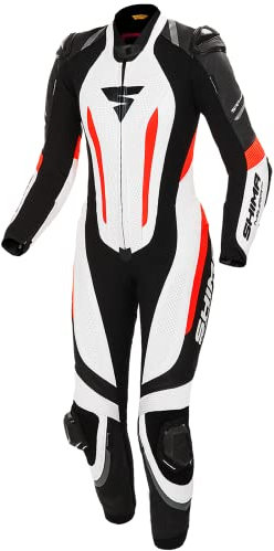 SHIMA MIURA RS Motorbike Suit for Women - Leather 1-Piece, Sport, Racing Suit, Ventilated with Shoulder & Knee Sliders, CE Back, Shoulder, Elbow Armor Pads, Reinforced Double Seams (32, White/Fluo)