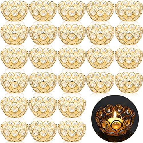 Potchen 30 Pcs Tea Light Candle Holders - Crystal Votive Candle Holders Tealight Jewel Bowl Stands Decorative Centerpiece for Wedding Party Home Table Decor (Gold)