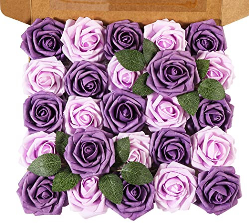Ruiuzioong Fiori Artificiali Rosa 25pcs Reale Cercando Rose Finte con Gambo per Matrimonio Fai da Te Mazzi Centrotavola Disposizione Partito Casa Arredamento (25 Pezzi, viola misto)