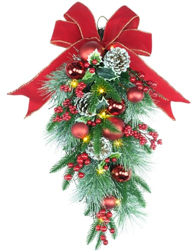 YULETIME 61 cm beleuchtete Weihnachts-Tropfen, batteriebetrieben, mit 10 künstlichen Lichterketten, roten Schleifen und Kugeln, natürlichen Tannenzapfen, roten Beeren, Fichtenzweigen, Tannennadeln