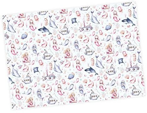 5 Bögen Geschenkpapier Meerjungfrau - 1,60€/qm- 84,1 x 59,4 cm für Jungen und Mädchen süße Geschenkverpackung mit Wal Uboot Aquarell pastell Wassernixe Nymphe Nixe