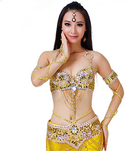 MQQYLBHDS Frauen Bauchtanz Top BH Perlen Gürtel 2 Stück Bauchtanz Kostüm Outfit Set BHs Gürtel Damen (Farbe: Gold, Größe: L)