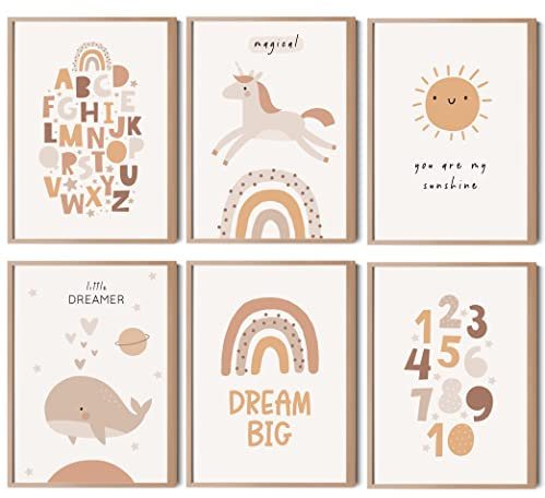 HappyArts® | Kinderzimmer Bilder A4 Poster 6er Set Deko Mädchen Junge Babyzimmer | Regenbogen Alphabet Zahlen ABC Lernposter Tiere Einhorn Wal OHNE RAHMEN …