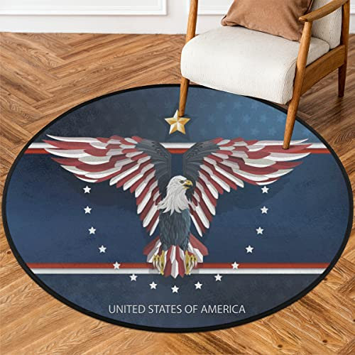 COTOT Amerika Adler Runde Teppiche Wohnzimmer, Adler Flagge Area Rug Waschbar Rutschfeste Bodenmatte Großer Teppich für Schlafzimmer 92cm
