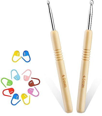 2 Stück Häkelnadeln, 4,0 mm–4,5 mm Häkelnadel-Set, Häkelnadel-Set für Anfänger, ergonomische Holzgriffe zum Häkeln mit Maschenmarkierern für Anfänger DIY-Stricker Häkelgarn