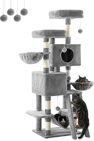 FourFurPets Arbre à Chat Hauteur 160 cm, Tour de Jeux, avec 2 Plate-Formes, 2 Niches, 2 Panier, Escaliers en Sisal, Gris Clair