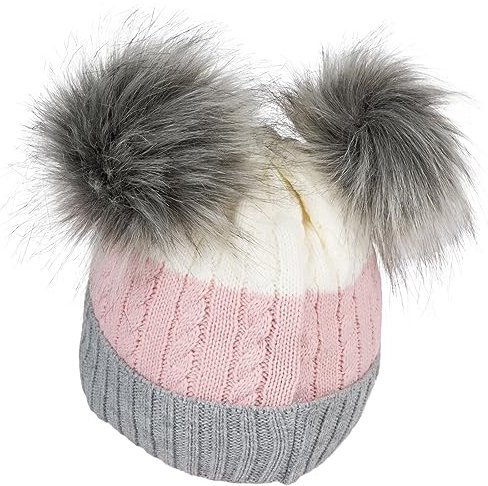 styleBREAKER Kinder Strick Bommelmütze 3-Farbig Gestreift, 2 Kunstfellbommel, Fleece Futter, 2-5 Jahre 04024204, Farbe:Grau-Altrose-Creme