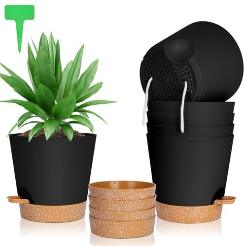 OFFCUP Lot de Pot de Fleur en Plastique, 6pcs Pots de Fleurs Auto-Arrosant, Pots de Plantes avec Trous De Drainage et Soucoupes Amovible pour d'Intérieur et d'Extérieur Jardins de Balcon -Noir 20cm