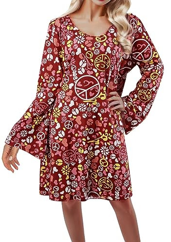 LCpddajlspig 70er-Hippie-Kleid-Kostüm für Damen, mit Halskette, Ohrringe, Sonnenbrille, Disco-Kostüm, 60er-Party-Kostüm, Halloween Retro-Kleider