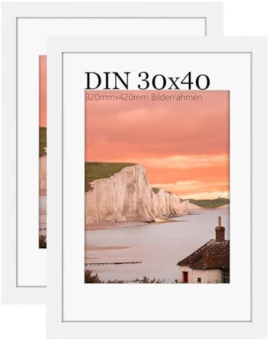 UHOUSEST Bilderrahmen 30x40, Fotorahmen 30x40 cm Bilder, Weiß Holz Fotorahmen Matte und Plastikglas Tischplatte und Wandmontage, Posterrahmen elegantes klassisches Design(2er-Set)