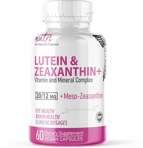 Nature's Fusions Nutri Lutein 20mg Eye Vitamins Complex - Triple Carotenoid Formula - Lutein and Zeaxanthin - Contains Zinc, Vitamins A,C,D3,E, Folate - 60 Capsules - Eye Health Supplements
