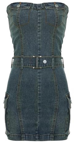 Generic Kurzer Jeansrock für Arbeitskleidung, Jeanskleid mit Hosenträgern im Distressed-Look-01130#Blau-M