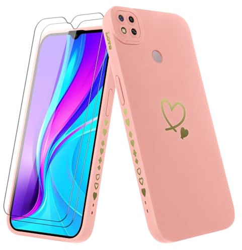 Vauki Funda para Xiaomi Redmi 9C/Redmi 9C NFC con 2 Piezas Cristal Templado Carcasa con Amor Corazón Mujer Suave Silicona TPU Antigolpes Anti-Arañazos Case para Xiaomi Redmi 9C/Redmi 9C NFC, Rosa