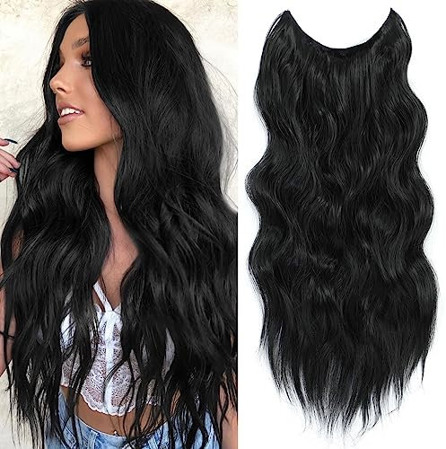 BUPPLER Haarverlängerung 61cm Invisible Secret Hair Extensions Verstellbare Lange Gewellte Haarextension Synthetisches Upgrade 4 Sichere Clips in Haarteilen,Scharfschwarz