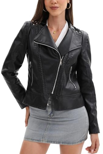 chiguomaoyi Damen Nieten Motorrad Kurze Lederjacke Reißverschluss aus Kunstleder Übergangsjacke Mantel