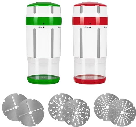 Genius Gewürzmühle Käsereibe Nicer Dicer Maestro mit 3 Größe Klingen 12 tlg., Muskatnuss Mühle, Parmesanreibe mit Behälter und Deckel, Käsehobel, Knoblauchreibe, Küche Reibe mit Aufbewahrung