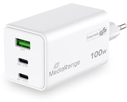 MediaRange GaN Ladegerät 100W EU-Stecker 2X USB-C + 1x USB-A | GaN-Technologie | USB-C Power Delivery | Quick Charge | GS-zertifiziert