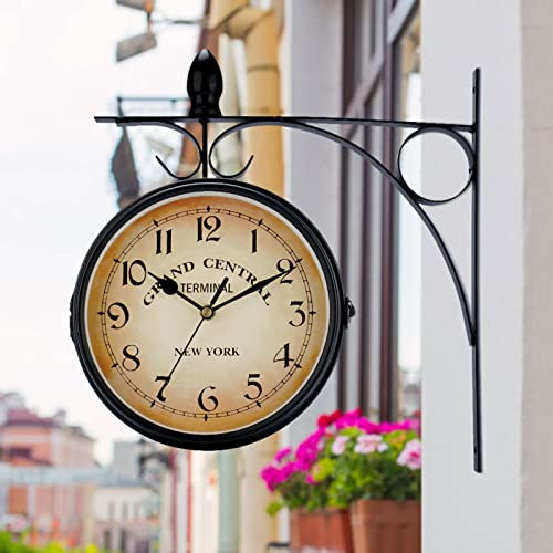Orologio a Parete Doppia Faccia Giardino Treno Orologio da Stazione Vintage con Supporto, New York, Orologio da Parete in Metallo Muto Doppio Lato Soggiorno Decorazione della Casa 33 * 31 cm