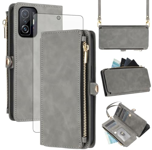 Asuwish Handyhülle für Xiaomi Mi 11T/Mi11T Pro 5G Hülle mit Band und Folie Schutzfolie RFID Kartenfach Klappbar Leder Blumen Geldbörse Ständer M11T T11 21081111RG 2107113SG Wallet Phone Case Grau