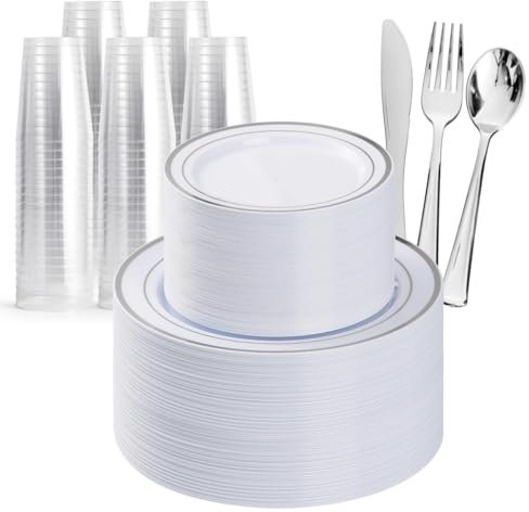 MATANA 360 Pcs Reusable White & Silver Plastic Dinnerware Set for 60 Guests - 60 Dinner & 60 Dessert Plates, 60 Cups, 180 Cutlery Set (60 Knives, 60 Forks & 60 Spoons) - for Weddings, Parties