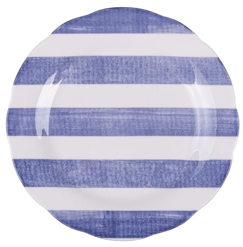 Villa d'Este Home Tivoli Versilia - Juego de 6 platos de postre de porcelana, borde festoneado con decoración de rayas, color azul