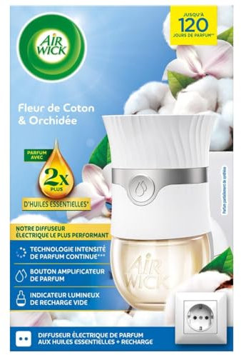 Air Wick Diffuseur Electrique désodorisant Huiles essentielles + 1 Recharge Fleur de Coton et Orchidée