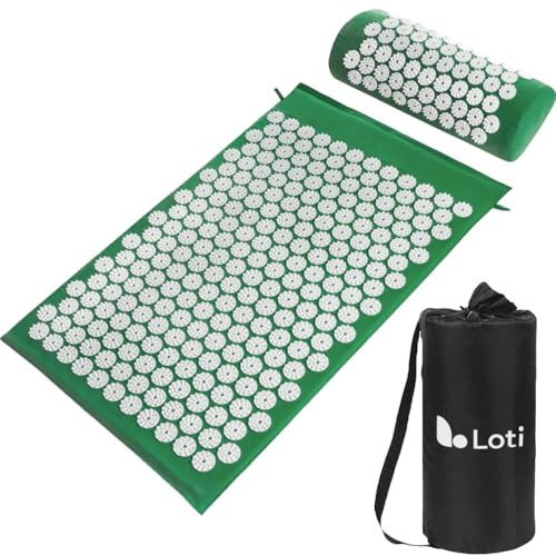 Loti Akupressurmatte mit Kissen Set Grün – Akupressur Set gegen Nacken- & Rückenschmerzen – Massagematte mit Tragetasche – Nagelmatte/Nadelmatte – Akkupressmatte - Massagematte Ganzkörpermassage