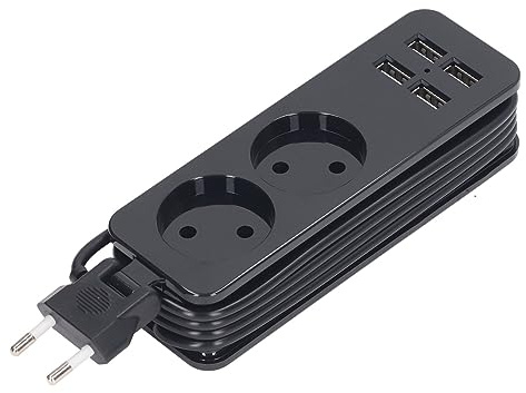 Regleta de alimentación de 1200 W, 10 A, 2 enchufes redondos, 4 puertos USB, toma de corriente para teléfono y portátil