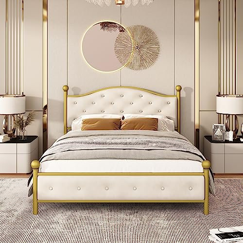 Pangshiyuan Modernes Metallbett mit Lattenrost, Bettrahmen mit Kopfteil, Doppelbett für Schlafzimmer und Gästezimmer, 140x200 cm, Gold, Stabiler Metallrahmen