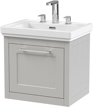 Balterley Vanity Unit with Basin Wall Hung, Single Drawer Soft Close with 3 Tap Hole Rectangular Sink and Handle, Bathroom Vanity Units, Traditional Sink Cabinet - 531 x 406 x 515mm (Grey)