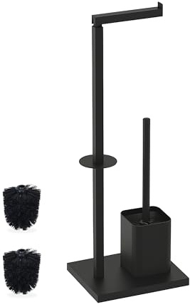 Relaxdays toilet set, HWD: 67.5 x 20 x 15.5 cm, metal, standing toilet paper holder, brush, spare roll holder, black | Toilet paper holder standing, toilet brush, replacement roll holder