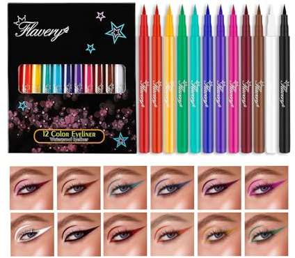 12 Colors Liquid Eyeliner Set, Colorful Neon Eyeliner Pencil Matte Colored Pen Waterproof Long Lasting Pigmented Rainbow Eye Liner Halloween Christmas Makeup Gift Kit for Women