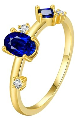 Stfery Verlobungsring 14 Kt Gelbgold, Ring Echt Gold mit Labor Erstellt Saphir Ovalschliff, Vintage Stein Partnerringe Au585 für Damen Gr. 62 (19.7)