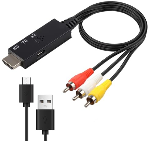 Pmqs Convertisseur HDMI vers RCA, 1080P Adaptateur HDMI vers Composite CVBS AV Compatible Pal/Ntsc, Hdmi RCA Adapter avec Câble USB pour PC, TV, Wii, Xbox, DéCodeur, VHS, Lecteur DVD